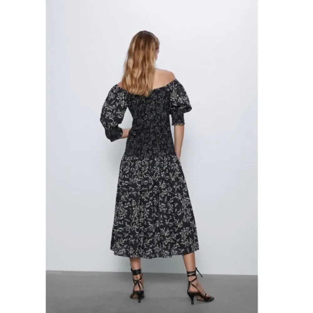 NWOT ZARA Dress M Linen Floral Off/On-Shoulder Puff-1/2-Sleeve Fit&Flare Smocked - Picture 2 of 14